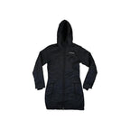 Black synthetic insulated parka by Columbia, with a hood and a quilted pattern.