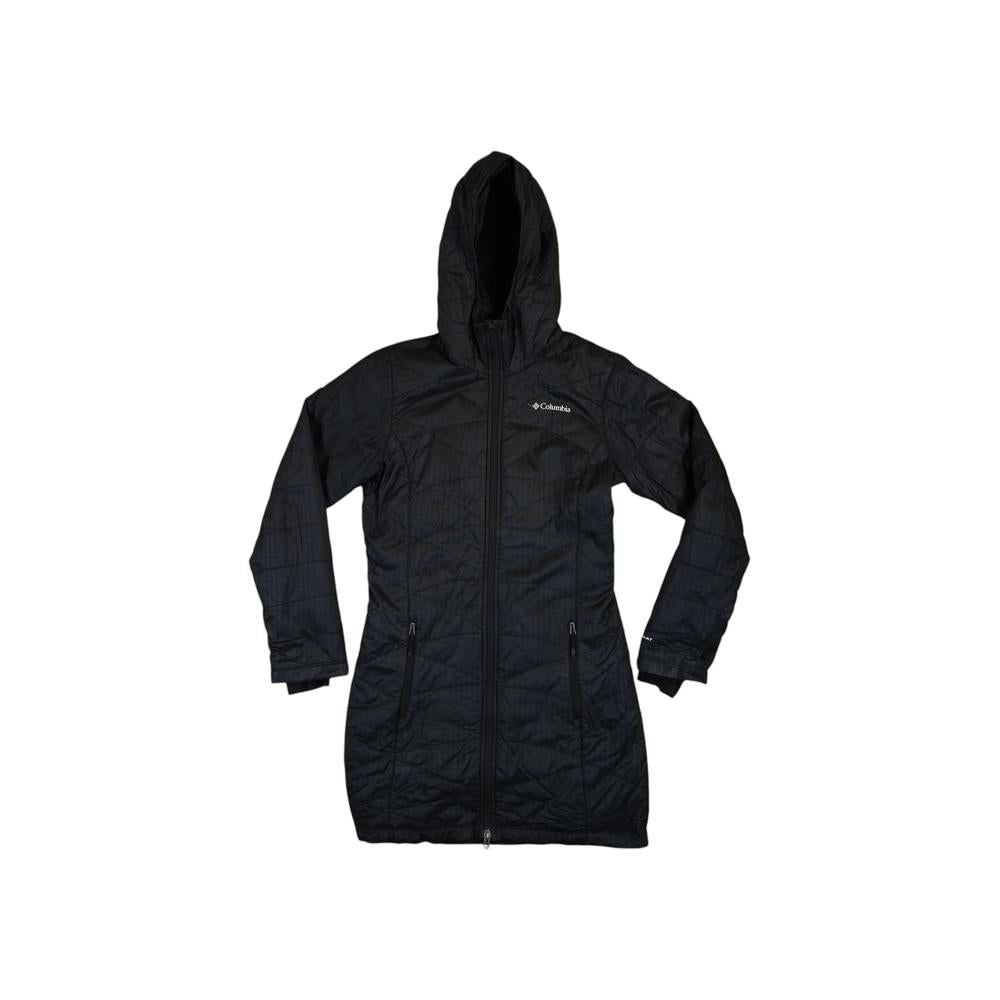Black synthetic insulated parka by Columbia, with a hood and a quilted pattern.