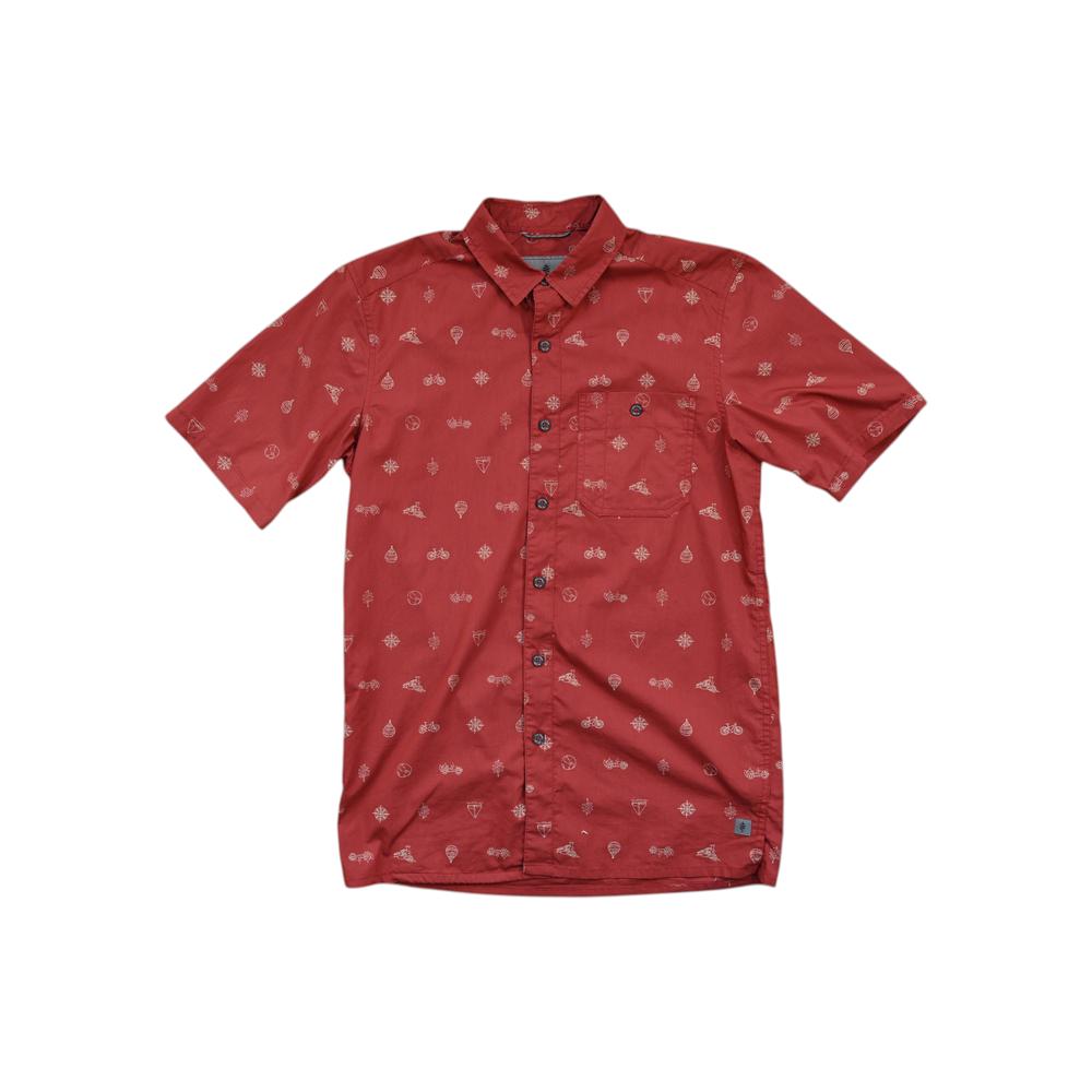 Red button-down shirt by Royal Robbins with an all-over novelty bicycle and geometric pattern.