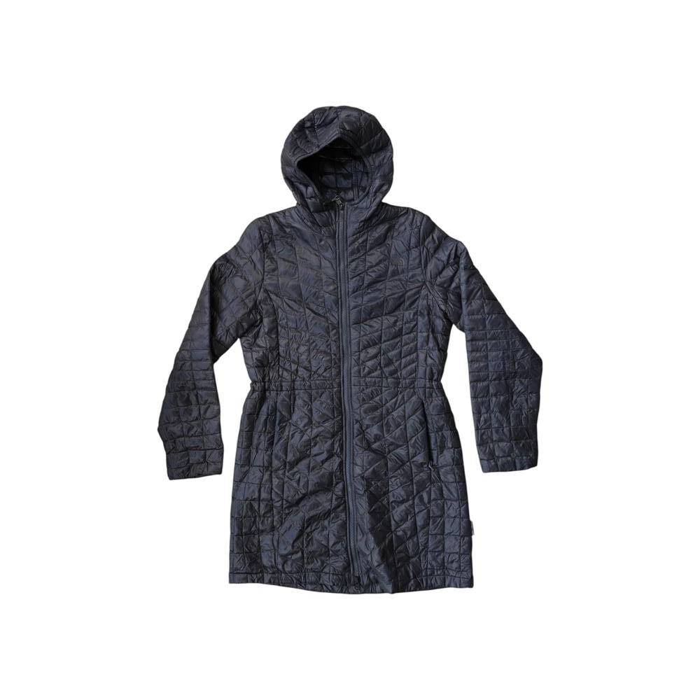 Black parka jacket with Thermoball insulation by North Face, featuring a diamond quilted pattern and a hood.