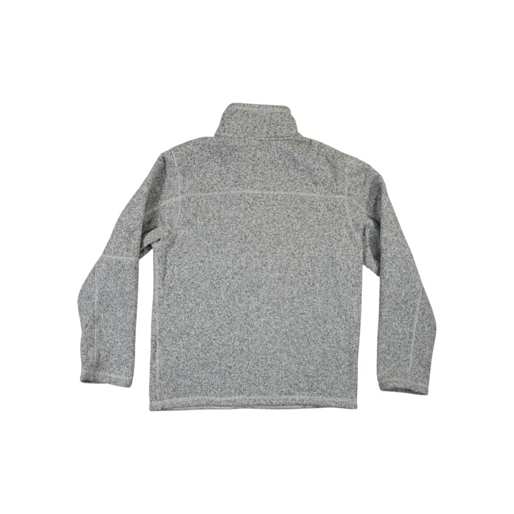Gray fleece quarter-zip pullover by North Face with long sleeves and a heathered texture.