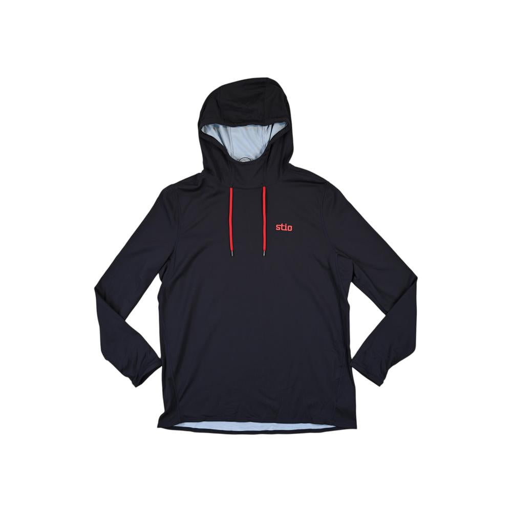 Black active hoodie for men by Stio, with red drawstrings, long sleeves, and a hood.