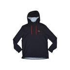 Black active hoodie for men by Stio, with red drawstrings, long sleeves, and a hood.