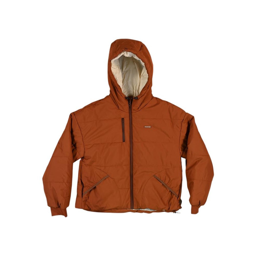 Orange insulated puffer jacket by Roark with a hood and front zipper.