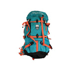 Teal and orange backpack from Jansport with black accents and a mountain peak logo.