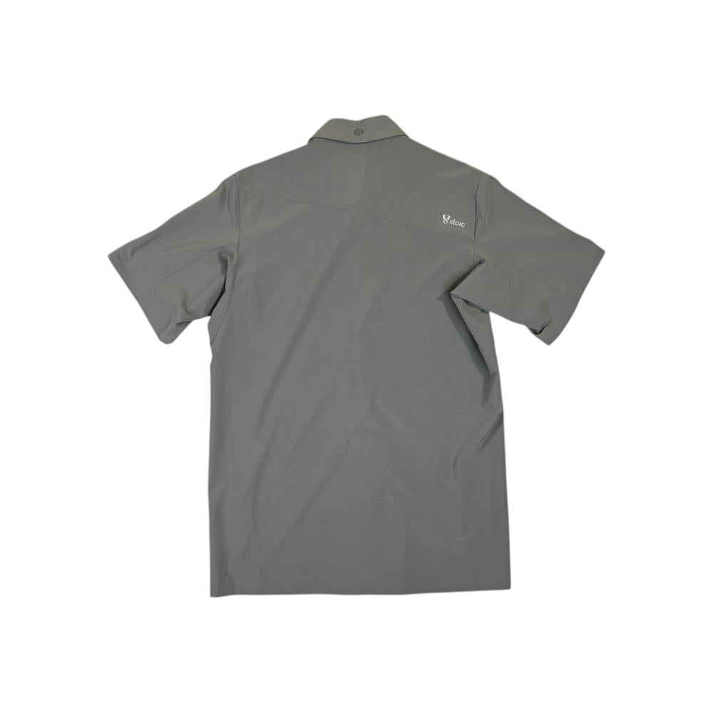 Grey snap-down shirt for men by Stoic, featuring short sleeves and a straight hem.