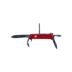 Red Wenger Swiss Army knife, used, with multiple tools visible.