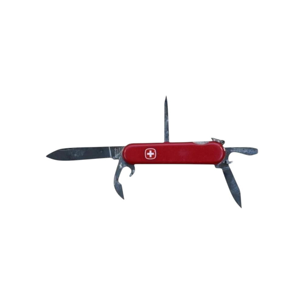 Red Wenger Swiss Army knife, used, with multiple tools visible.
