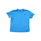 Blue active shirt by North Face, in used condition, with a crew neck and short sleeves.