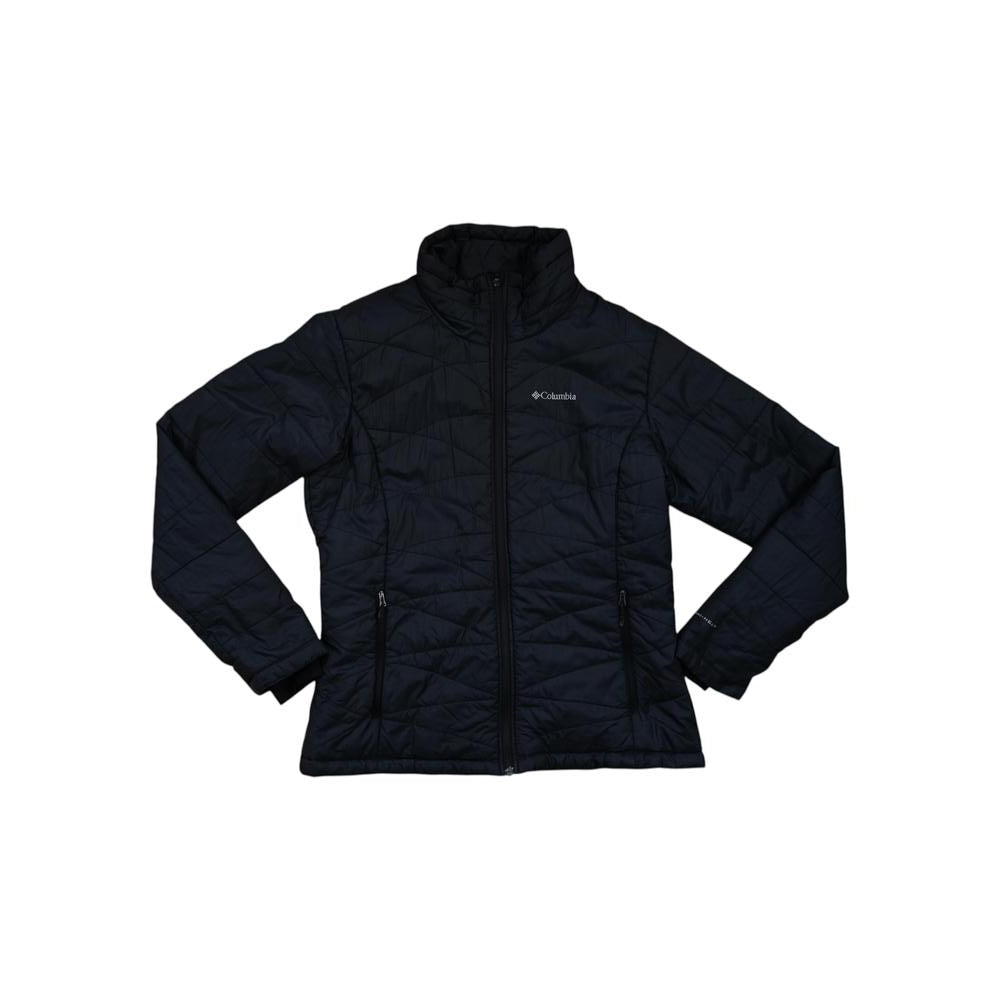Black full zip jacket by Columbia, featuring a quilted pattern and zippered pockets.