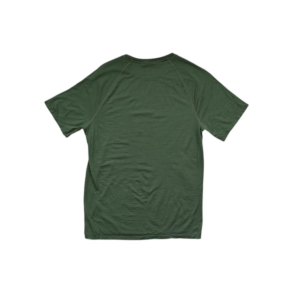 Green short sleeve tee shirt by Smartwool, shown in a back view with subtle horizontal stripes.