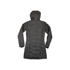 Grey synthetic insulated parka by Columbia, featuring a quilted pattern and a hood, back view.