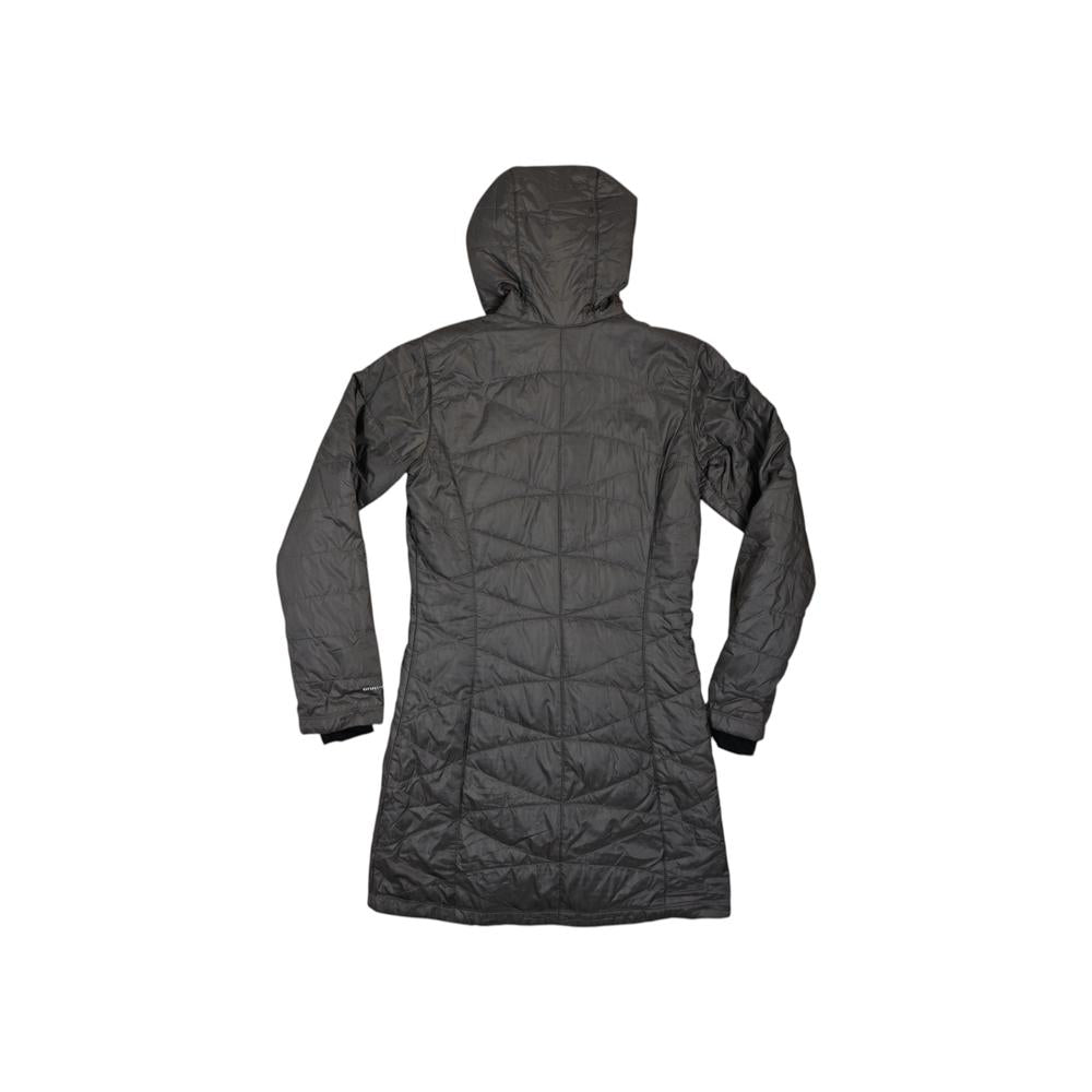 Grey synthetic insulated parka by Columbia, featuring a quilted pattern and a hood, back view.