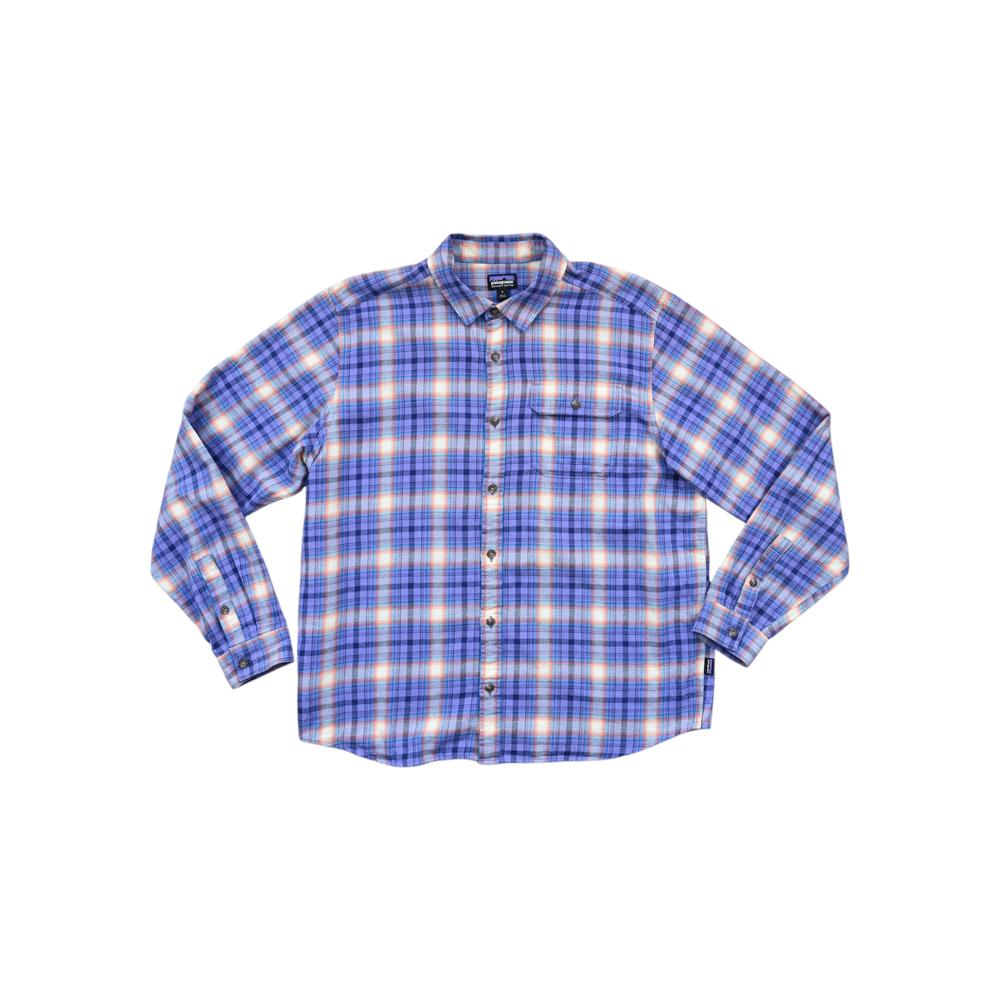 Blue flannel shirt by Patagonia in a plaid pattern with long sleeves.