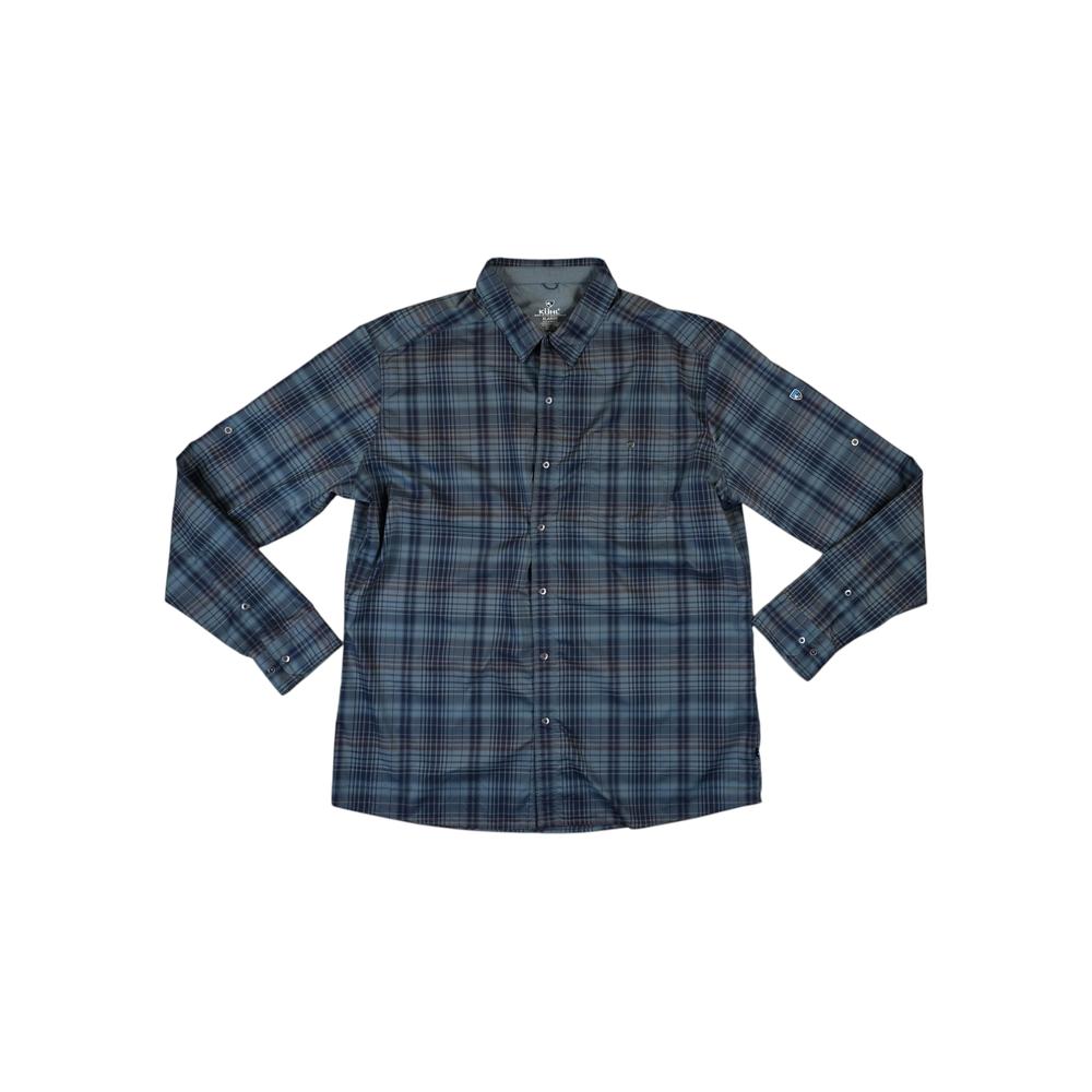 Blue plaid long sleeve shirt by Kuhl with button down front and cuffs.