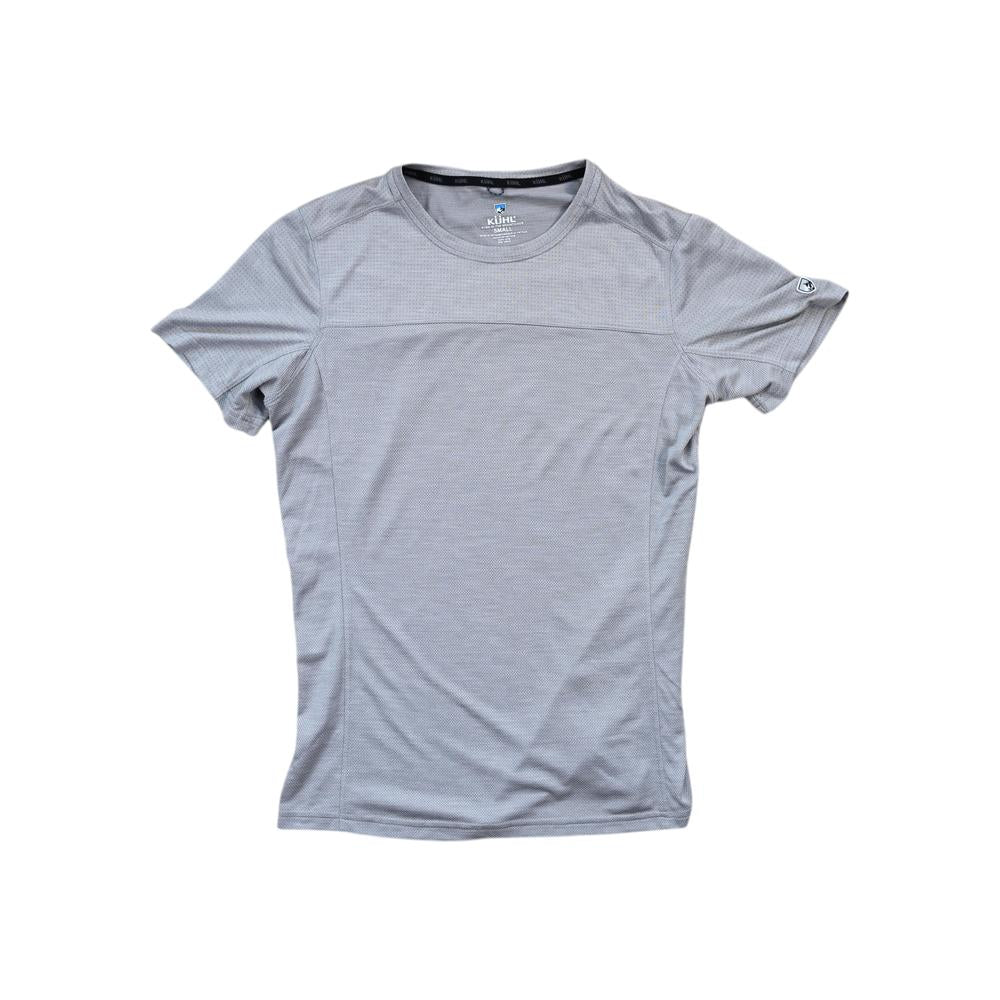 Gray active shirt by Kuhl with short sleeves and textured fabric.