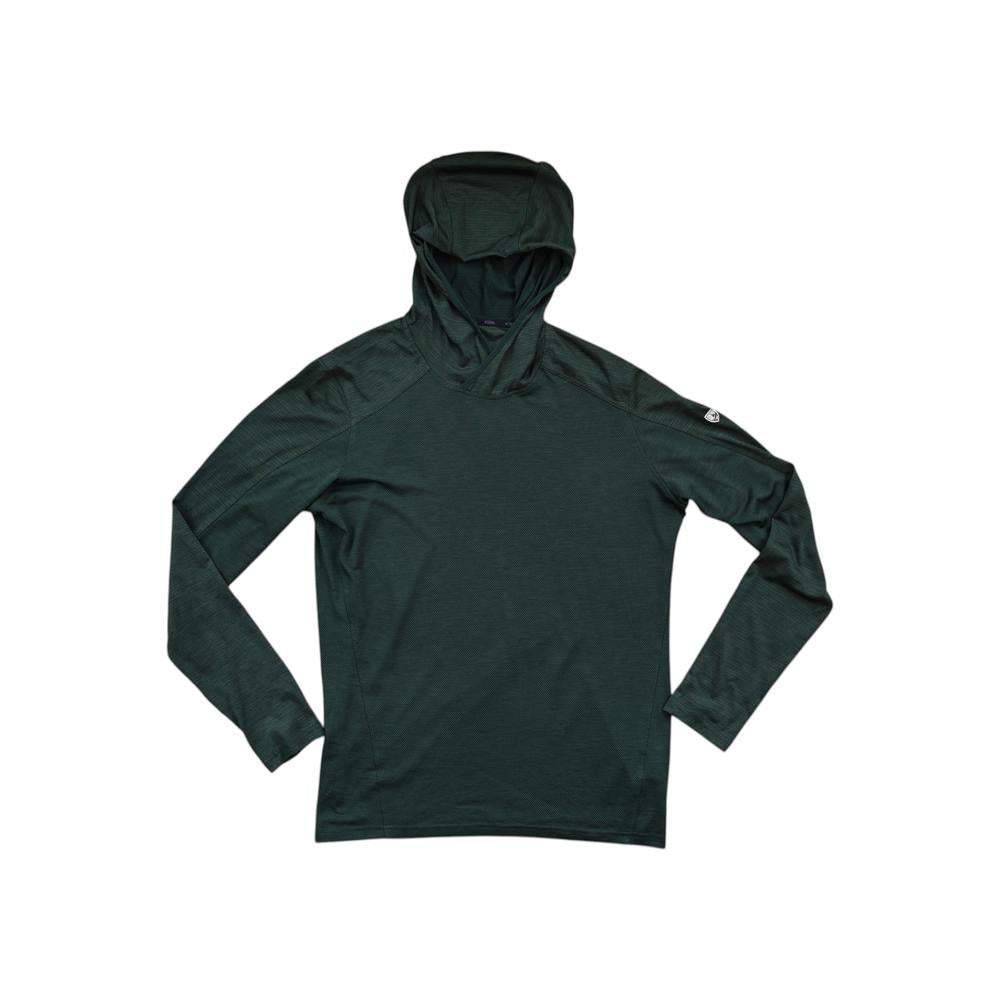 Green men's engineered hoodie by Kuhl, featuring long sleeves and an attached hood.