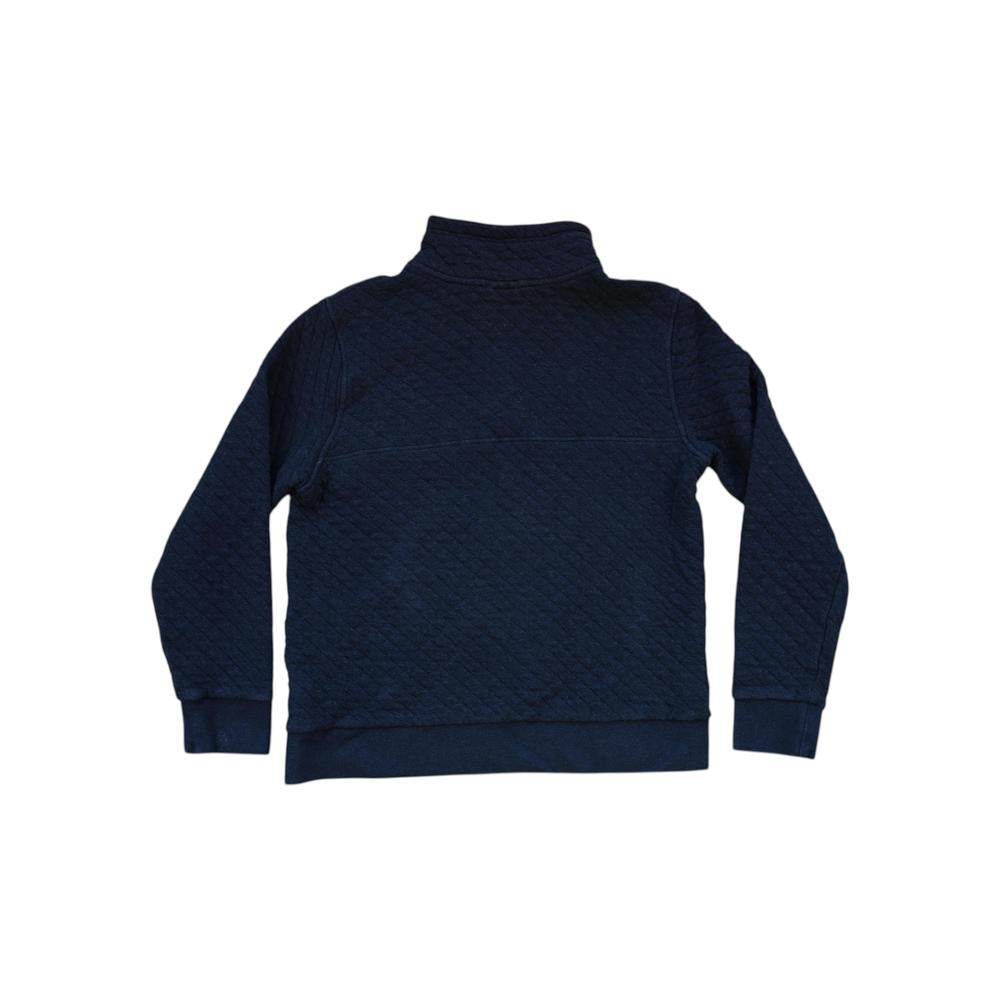 Blue quilted pullover fleece by Patagonia, with a high collar and long sleeves.