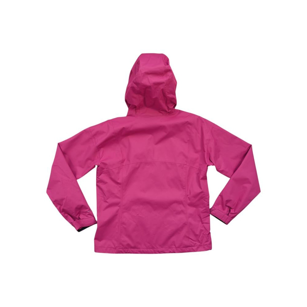 Pink hooded rain shell jacket by Columbia, shown from the back with long sleeves and a smooth finish.