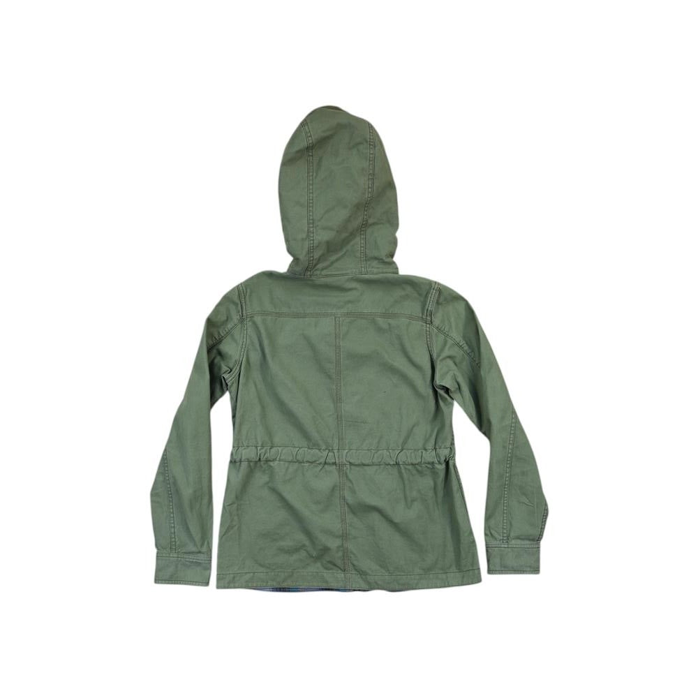 Green jacket with hood by Patagonia, displayed from the back, with a cinched waist.