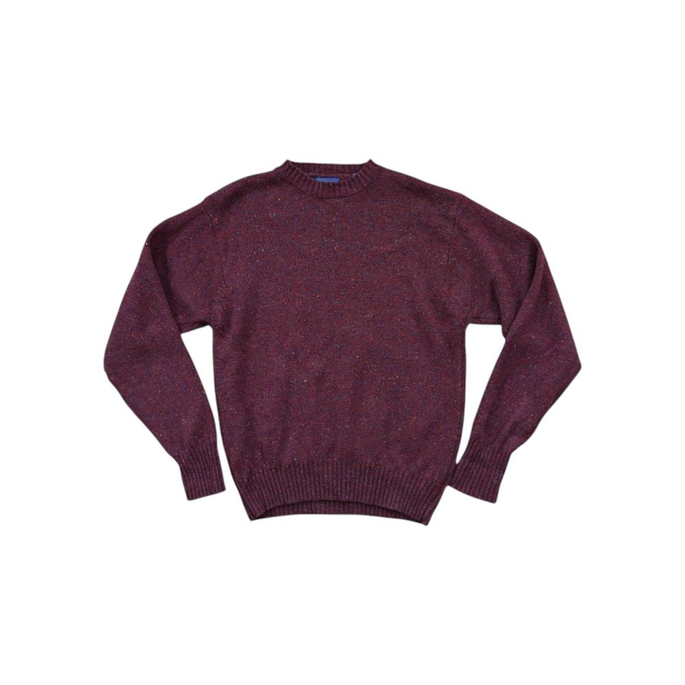Maroon Shetland wool sweater by Pendleton, with a speckled texture and ribbed details.