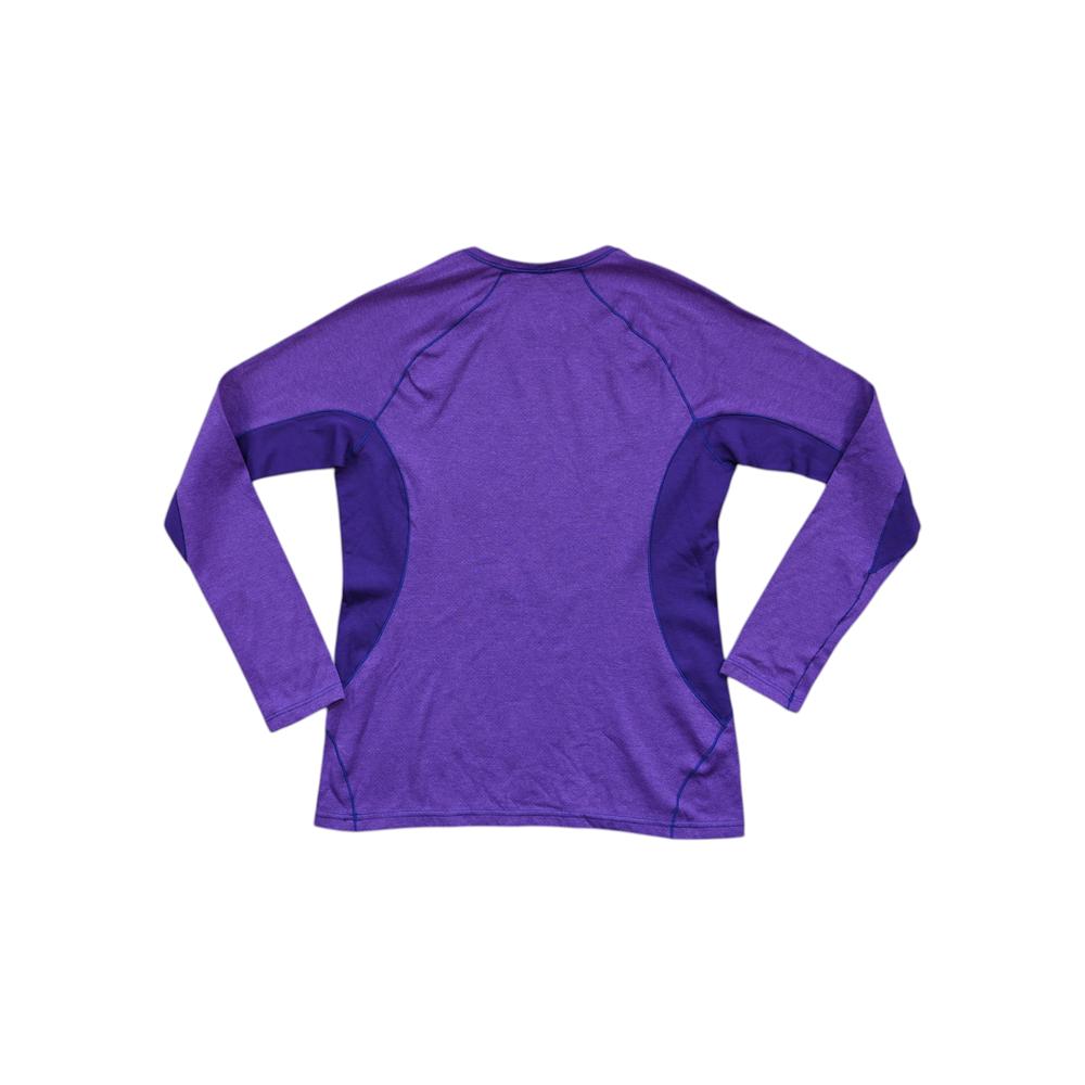Purple base layer shirt by Patagonia with long sleeves and fitted design.