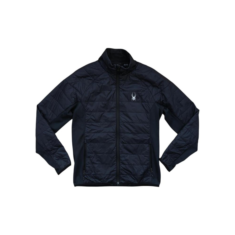 Black insulated jacket by Spyder with a spider logo on the chest and quilted panels.