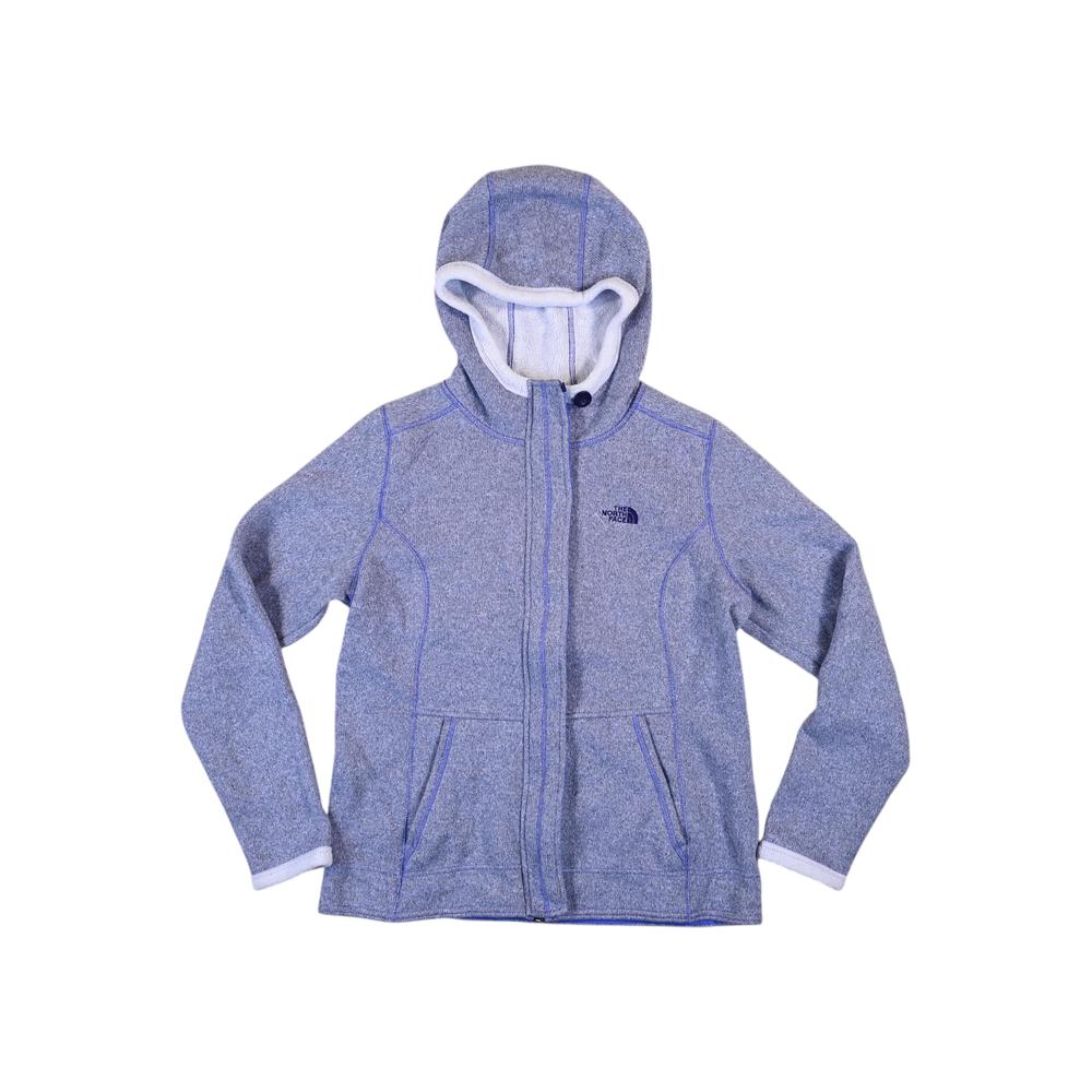 Purple fleece jacket by North Face with full zipper, hood, and front pockets.