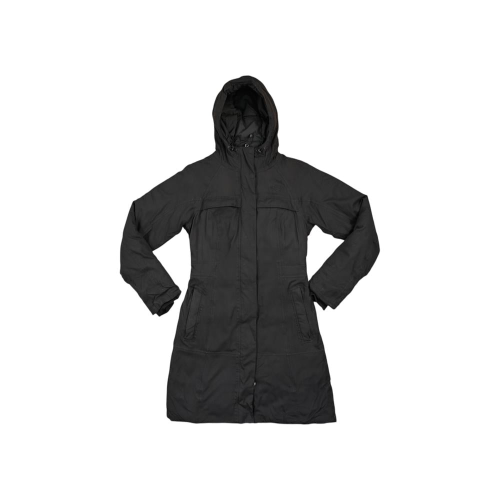 Black down insulated parka by North Face featuring a hood and long sleeves.