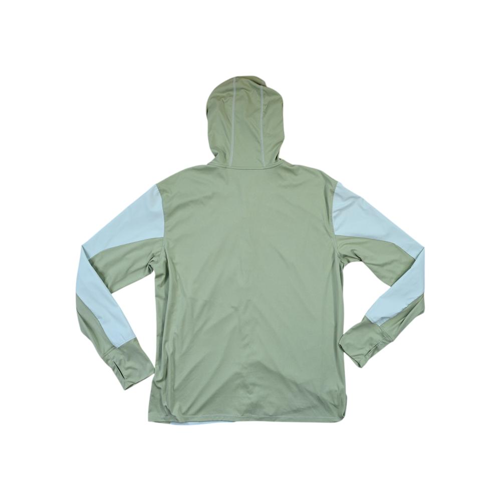 Green long-sleeve hooded shirt by Simms, featuring color-blocked sleeves, a hood, and thumb holes at the cuffs.
