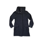 Black sweater coat by Patagonia with a high collar and two front pockets.