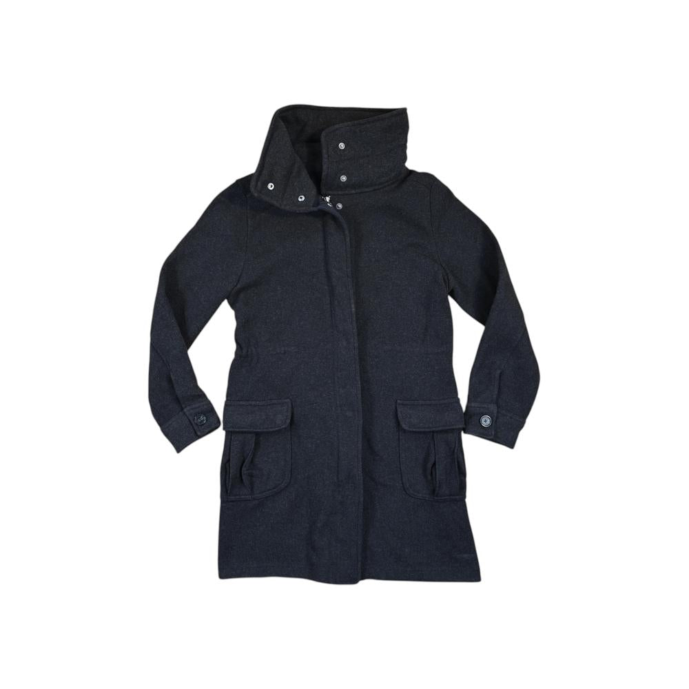 Black sweater coat by Patagonia with a high collar and two front pockets.
