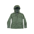 Green jacket by Patagonia with a fur-lined hood, four front pockets, and buttoned cuffs.