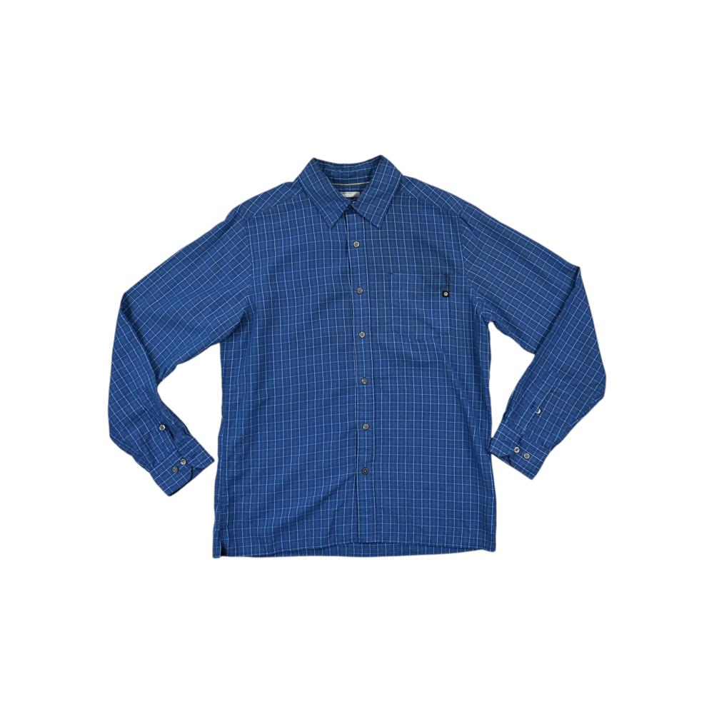 Blue long sleeve casual shirt by Marmot with a grid pattern and button down design.