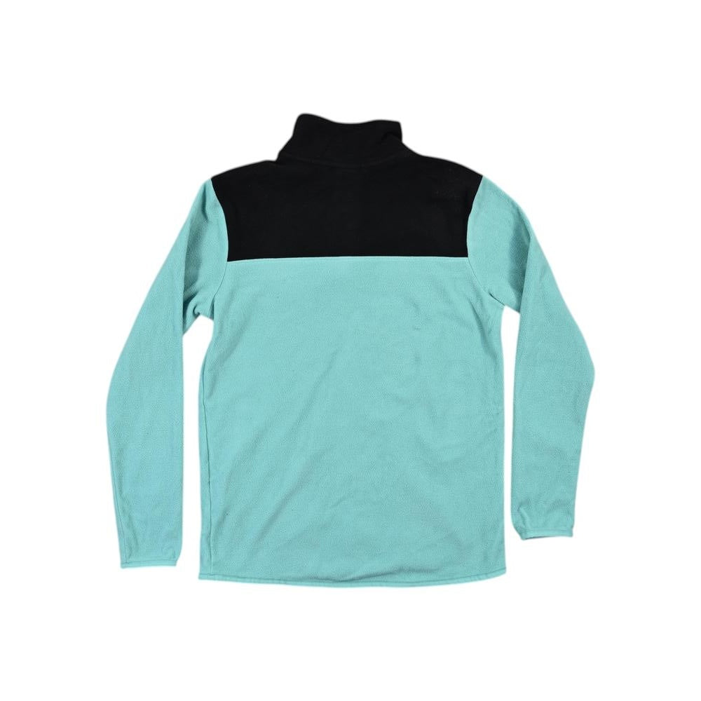 Blue fleece pullover by North Face, featuring black yoke and collar, shown in a back view.
