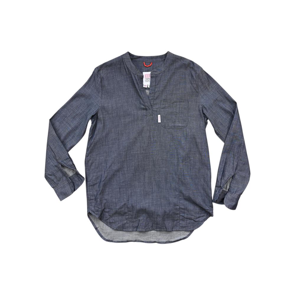 Navy popover shirt by Topo Designs, featuring a V-neck and long sleeves, against a white background.