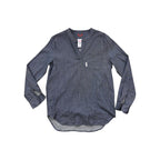Navy popover shirt by Topo Designs, featuring a V-neck and long sleeves, against a white background.