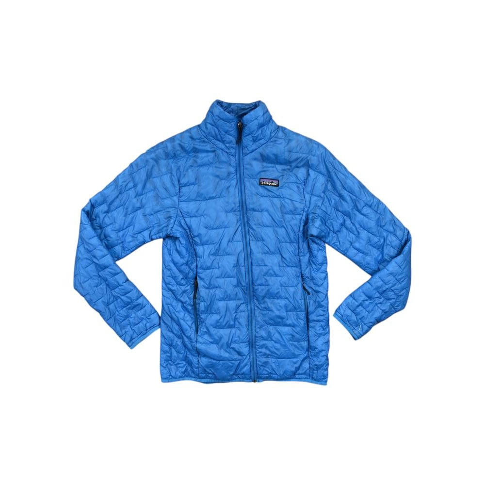 Blue insulated jacket for women by Patagonia with quilted pattern and full-zip closure.