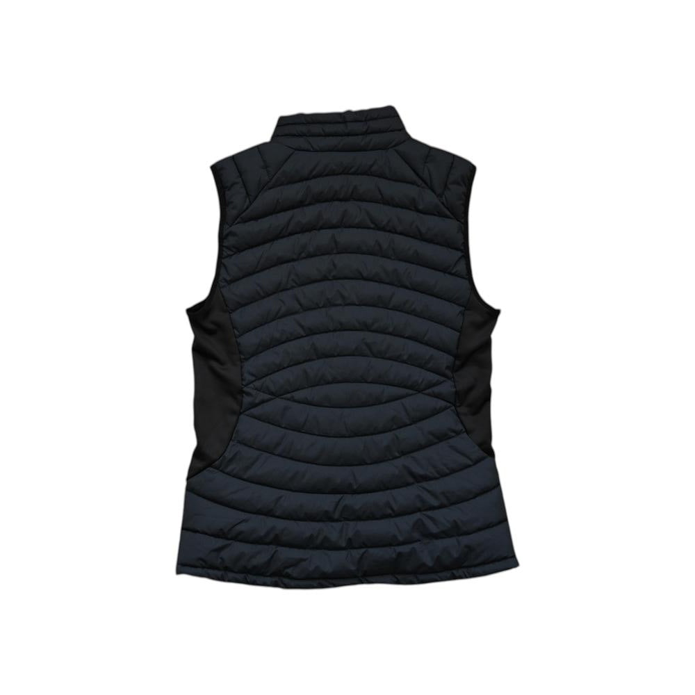 Black puffy vest by Boulder Gear with quilted pattern and solid panels on the sides.