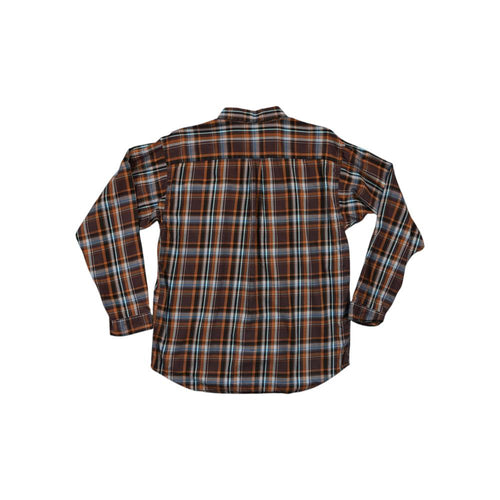 Brown and blue plaid long-sleeve shirt by Patagonia, with a button-down design.
