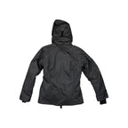 Gray ski shell jacket by Columbia with a hood and subtle horizontal stripes, back view.