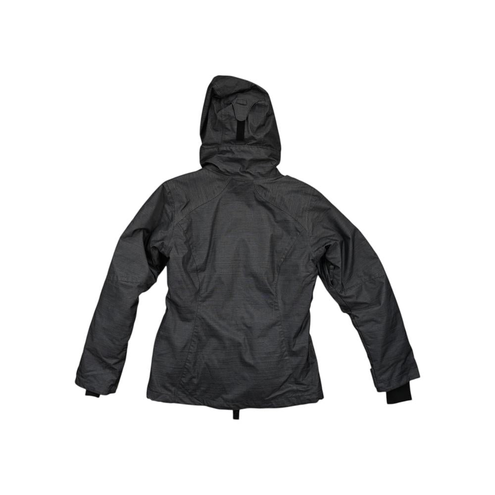 Gray ski shell jacket by Columbia with a hood and subtle horizontal stripes, back view.