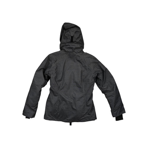 Gray ski shell jacket by Columbia with a hood and subtle horizontal stripes, back view.