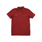 Red polo shirt by Kuhl with front pockets, and small logo on the sleeve.
