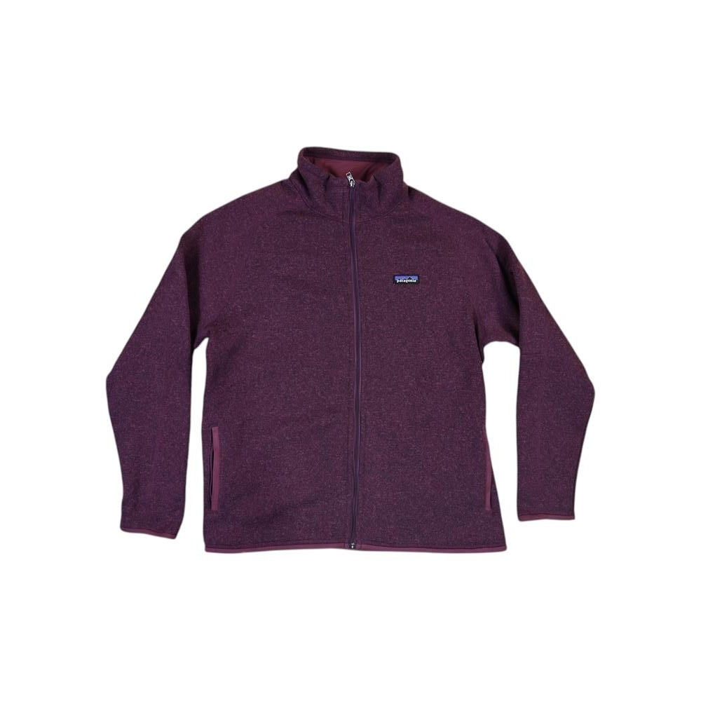 Purple full-zip fleece jacket by Patagonia with a mock neck and front pockets.
