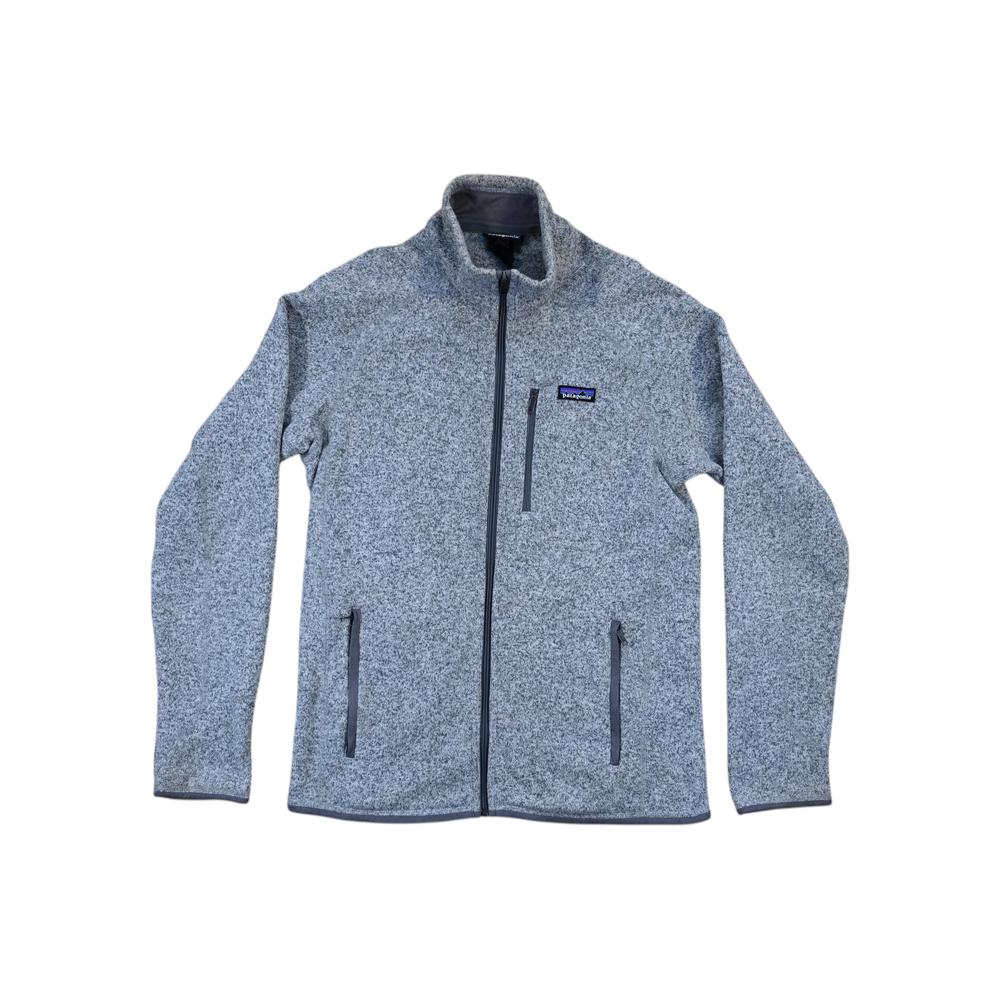 Gray fleece jacket by Patagonia with full zipper, two pockets, and embroidered chest logo.