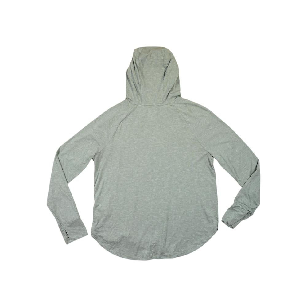 Green long-sleeve sun hoodie by REI, shown in a back view with hood.