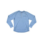 Blue henley long sleeve shirt from North Face, featuring a chest pocket and buttoned neck.