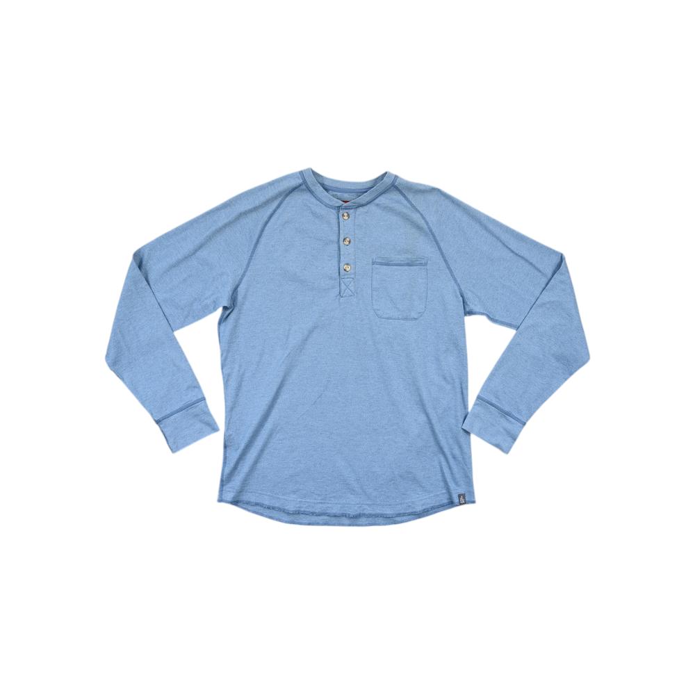 Blue henley long sleeve shirt from North Face, featuring a chest pocket and buttoned neck.