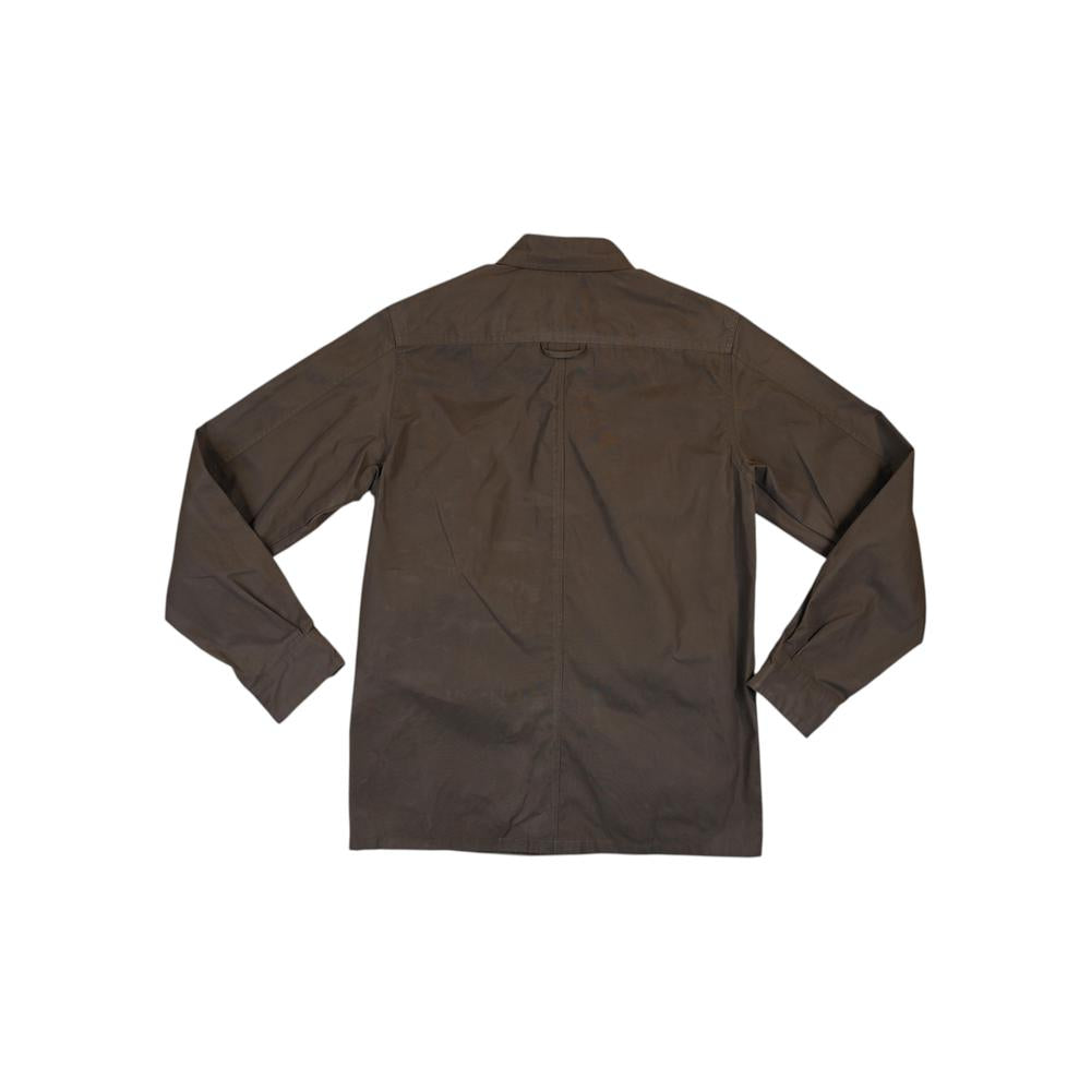 Brown long-sleeve overshirt by Fjallraven, shown from the back with a visible yoke and hanger loop.